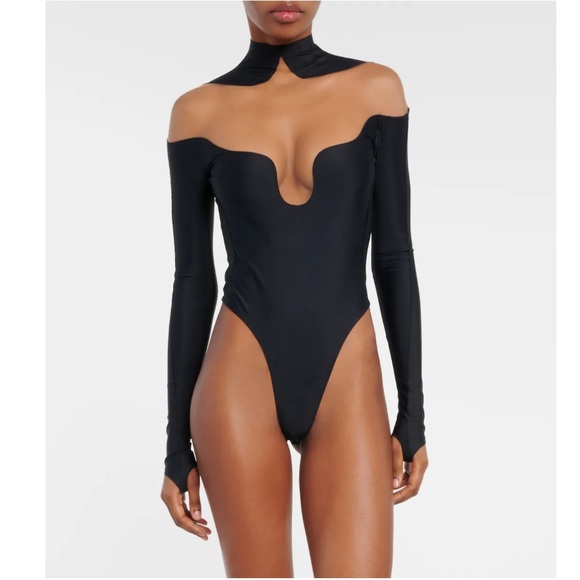 Mugler Tops - Mugler Lycra Mesh High Neck Cutout Long Sleeve Thumbhole Revolve Bodysuit Sz 42